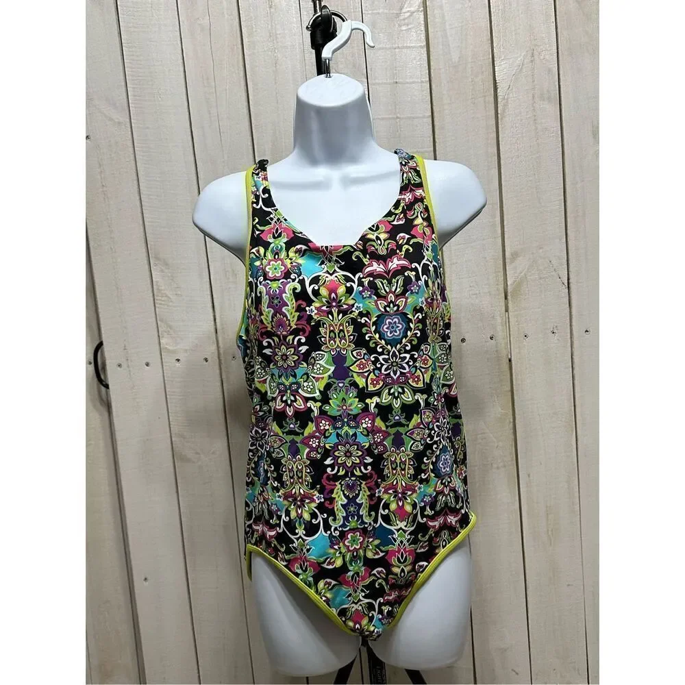 Athleta One Piece Swimsuit Size 12 Black Multicolor Floral Paisley Athletic Swim